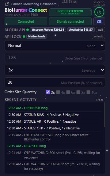 Extension panel with settings and recent activity